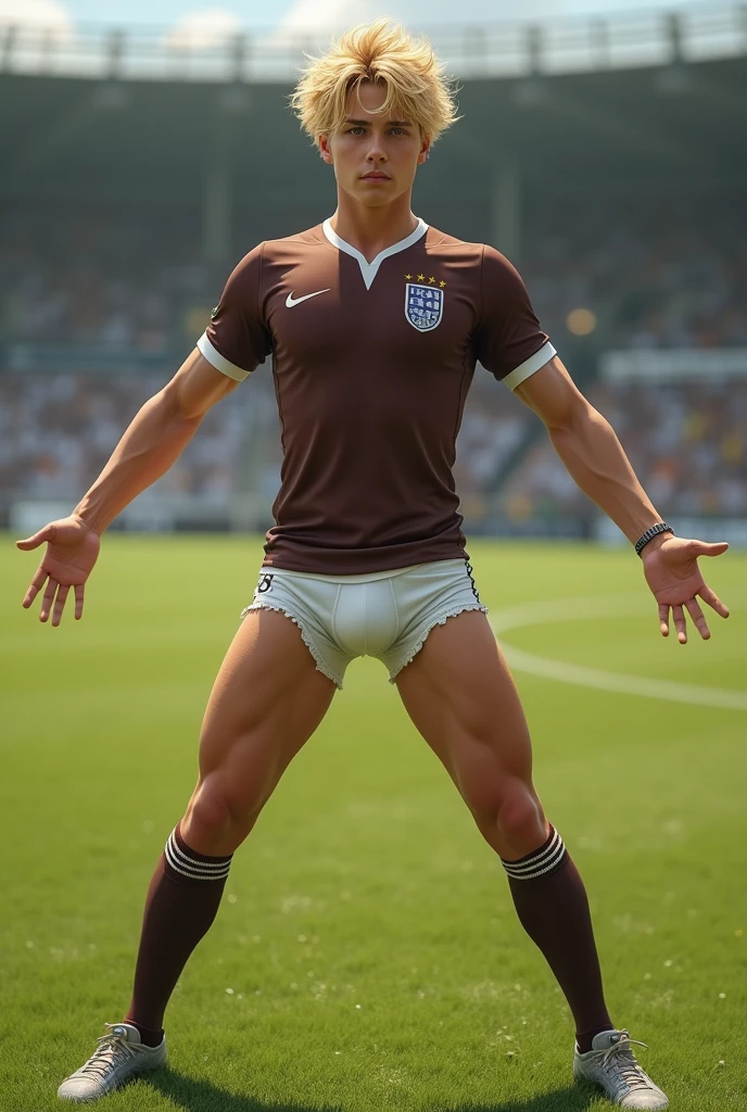 blond man de anos  uniforme de jogador de futebol、knee high socks、Brown hair soccer field uniform wide、spread their legs, ripped white underwear showing penis、tight uniform mature look、The shape of the penile area is clearly visible、no underwear、blond man