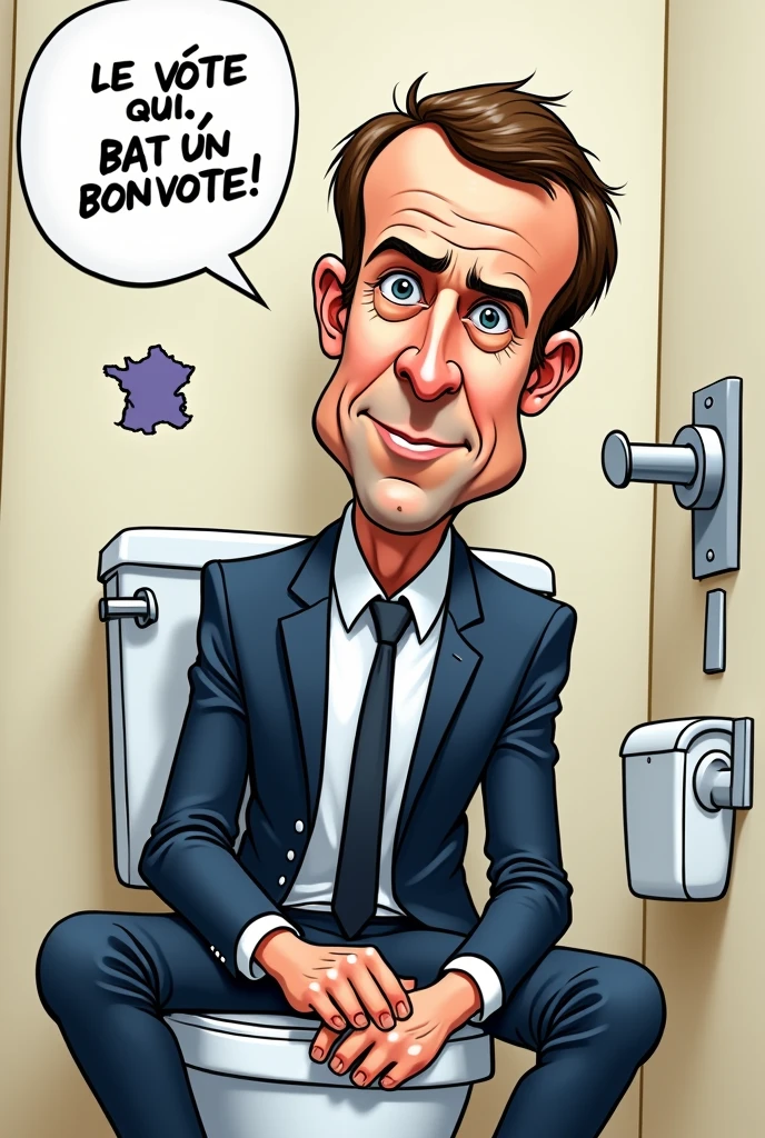 Caricature humoristique de Emmanuel Macron qui est assis sur un wc. SOUS LE WC il y a une carte de France. Il dit, ecrit dans une bulle : " Le vote oui, mais un bon vote". ECRIRE EN FRANCAUS