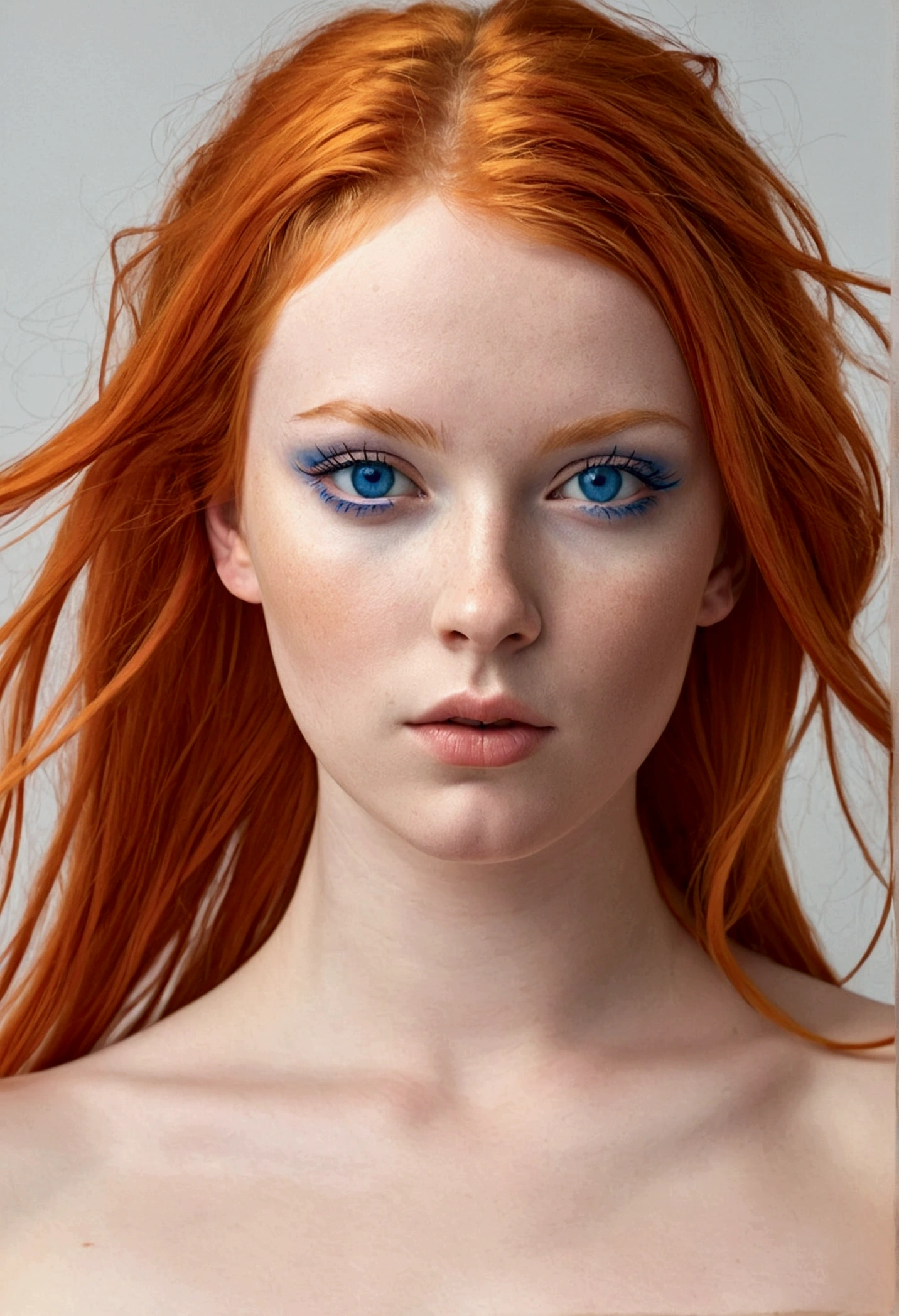 slightly fat naked girl with orange hair and blue eyes