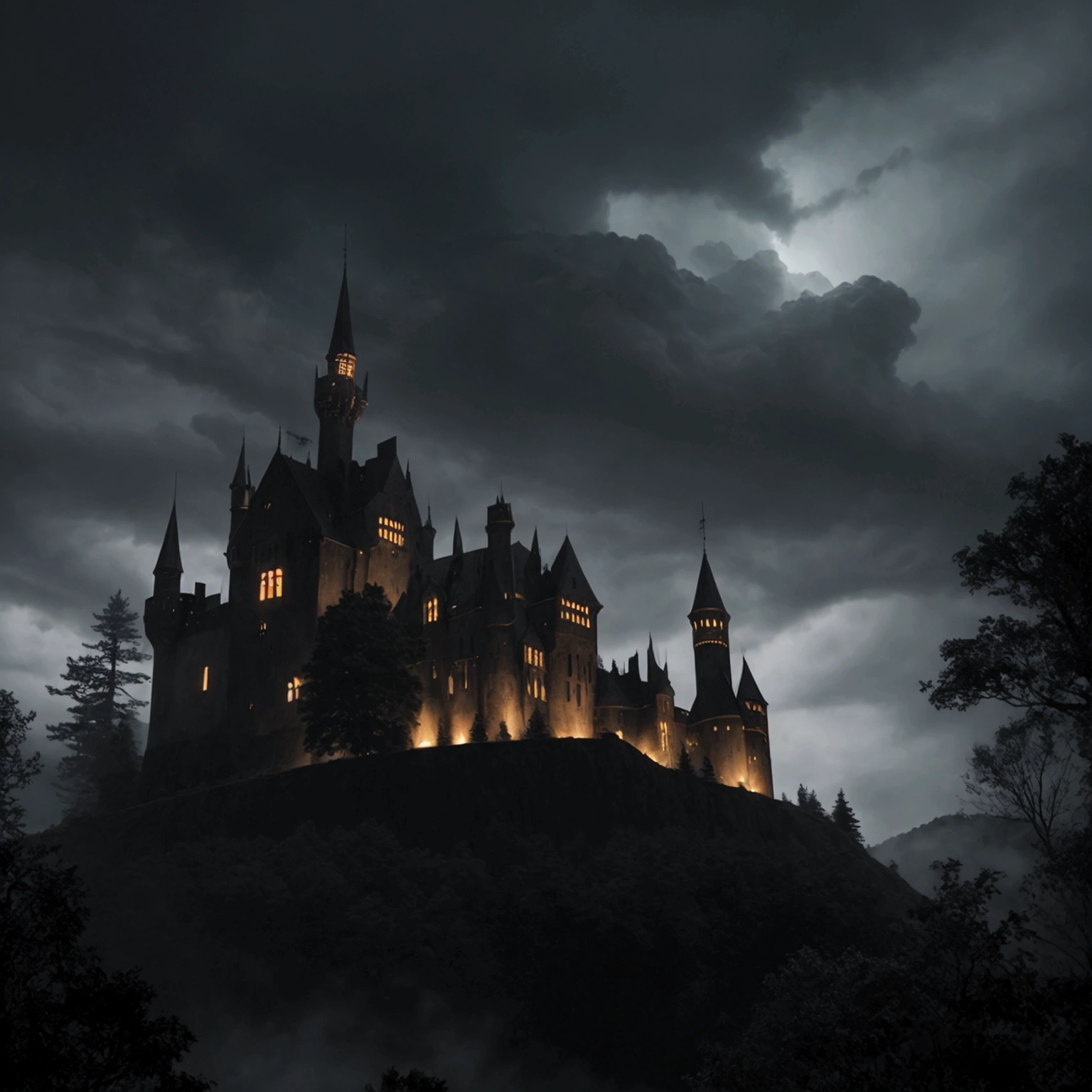 A dark, Gothic-style castle on a hill, silhouetted against a stormy night sky. The sky is filled with swirling dark clouds, and occasional flashes of lightning illuminate the scene. The castle is surrounded by a dense forest with tall, shadowy trees. In the foreground, a narrow cobblestone path leads up to the castle, with mist rolling over the ground. The atmosphere is eerie and mysterious,