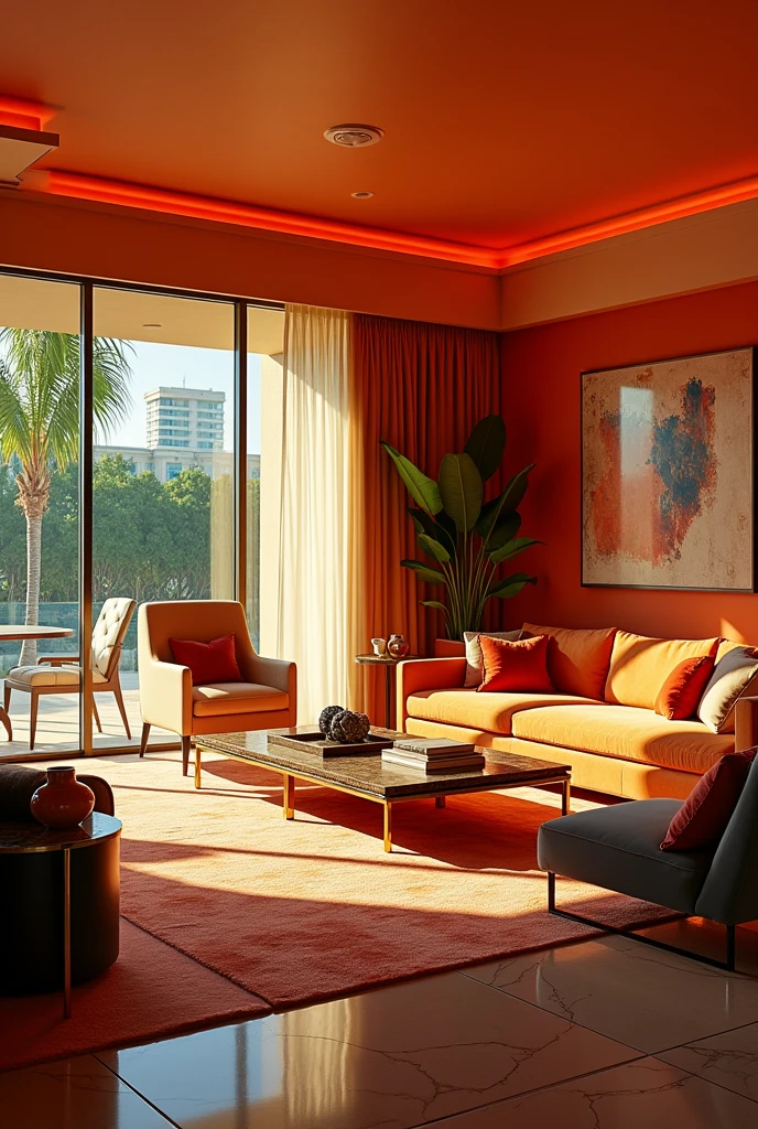 Luxury Miami vice aesthetic living roomm in the late 1980s. Decor is a sleek mix of mid century modern and art Deco. Room exudes opulence and retro glamour. Photography style: architectural, interior design, Ultra detailed, ultra realistic, soft cinematic, 35mm analog film, film grain