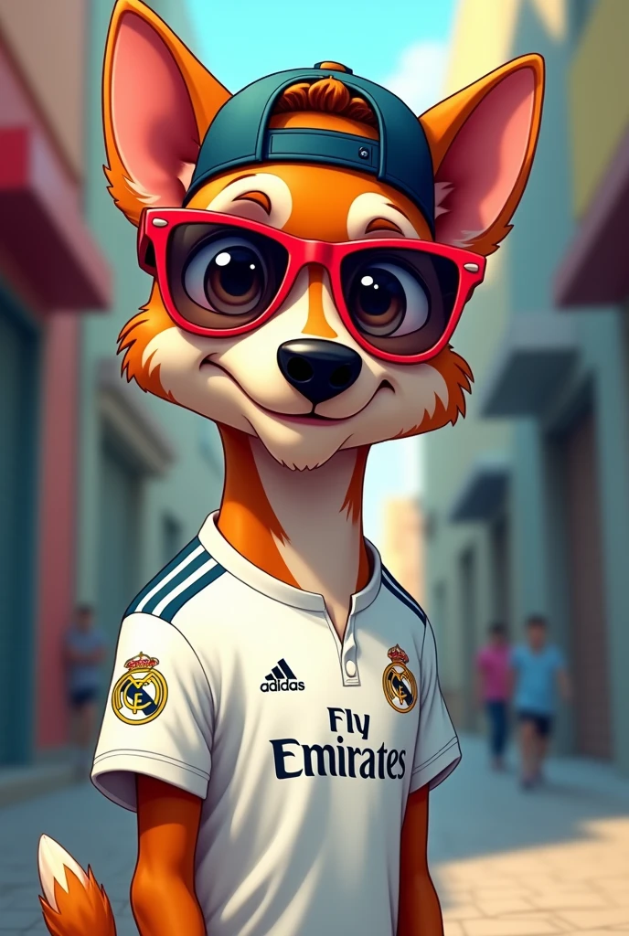 Cartoon dog with colorful glasses Juliet and backwards cap and white Real Madrid shirt ,I want him to be more stylish and less cute as a favela kid