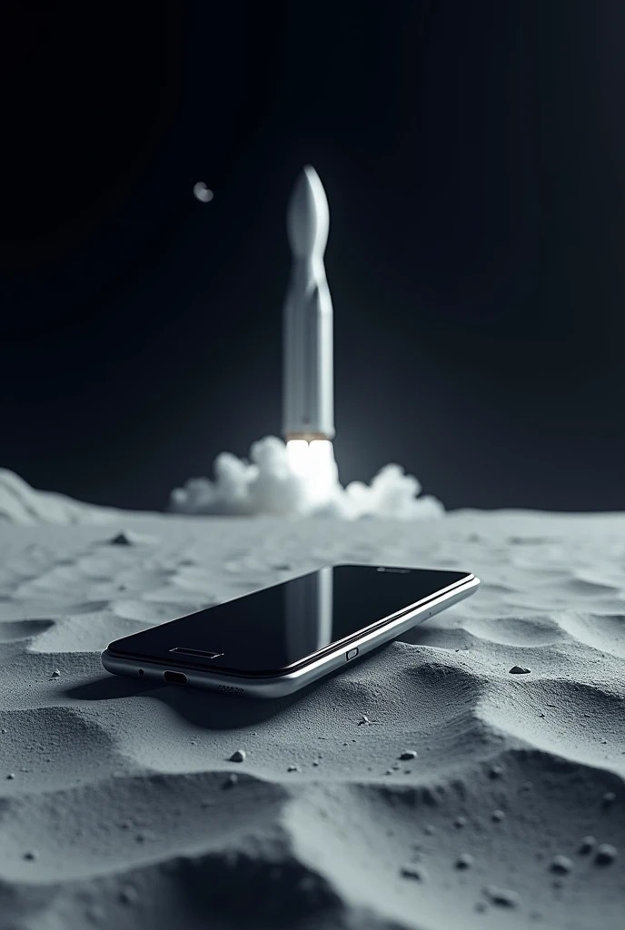 Mobile phone on moon with rocket