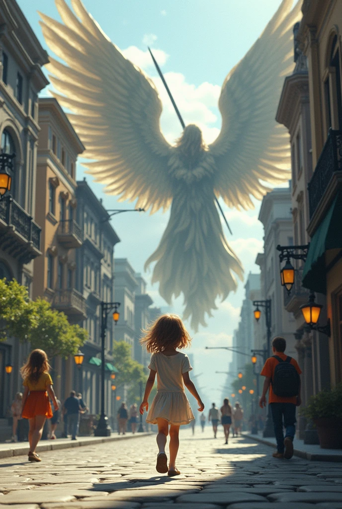 (photorealism:1.2), (8) A girl walking down the street and a big angel with a sword watching.