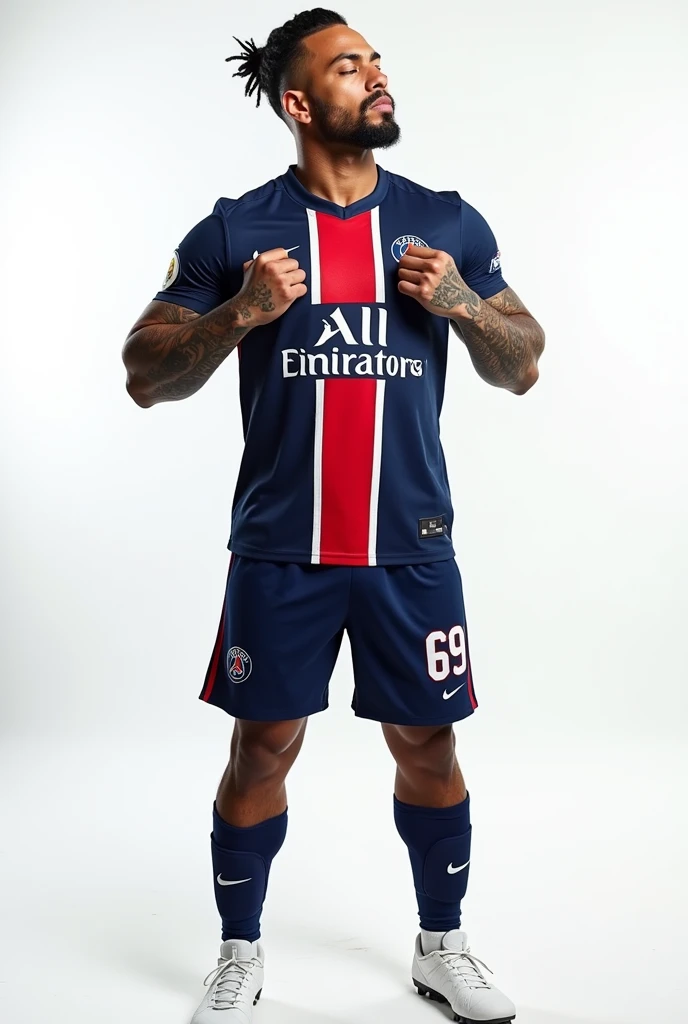 Young 2 sexy Rudo gangster with black hair shaved on the sides with braids brown eyes thick lips athletic body masculine energy and sexy defined chin trimmed beard colored tattoo marked biceps wears black colored man Muslim style, He wears the navy blue PSG uniform with a central red and white stripe., Navy blue shorts with the number 69 and white cleats. The background is white and he is standing proudly kissing the team's jersey. 8k