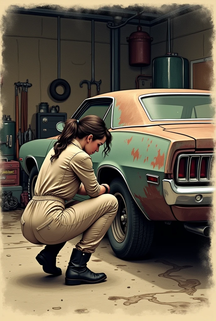 A vintage hand drawing of a woman mechanic with her ass up fixing a vintage rusty musclecar