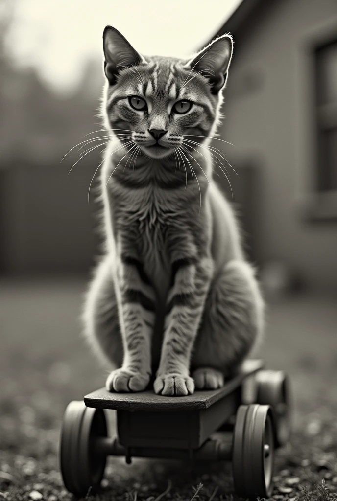 "A monochromatic photograph of a cat perched atop a toy cart in a backyard, evoking nostalgic elements reminiscent of the 1940s. The image is heavily blurred and aged, mimicking the look of vintage Kodachrome film. The cat's eyes gleam due to flash, drawing attention to its expression. The composition is inspired by the works of Robert Mapplethorpe, focusing on the interplay of light and shadow, with a soft grain texture enhancing the retro feel."