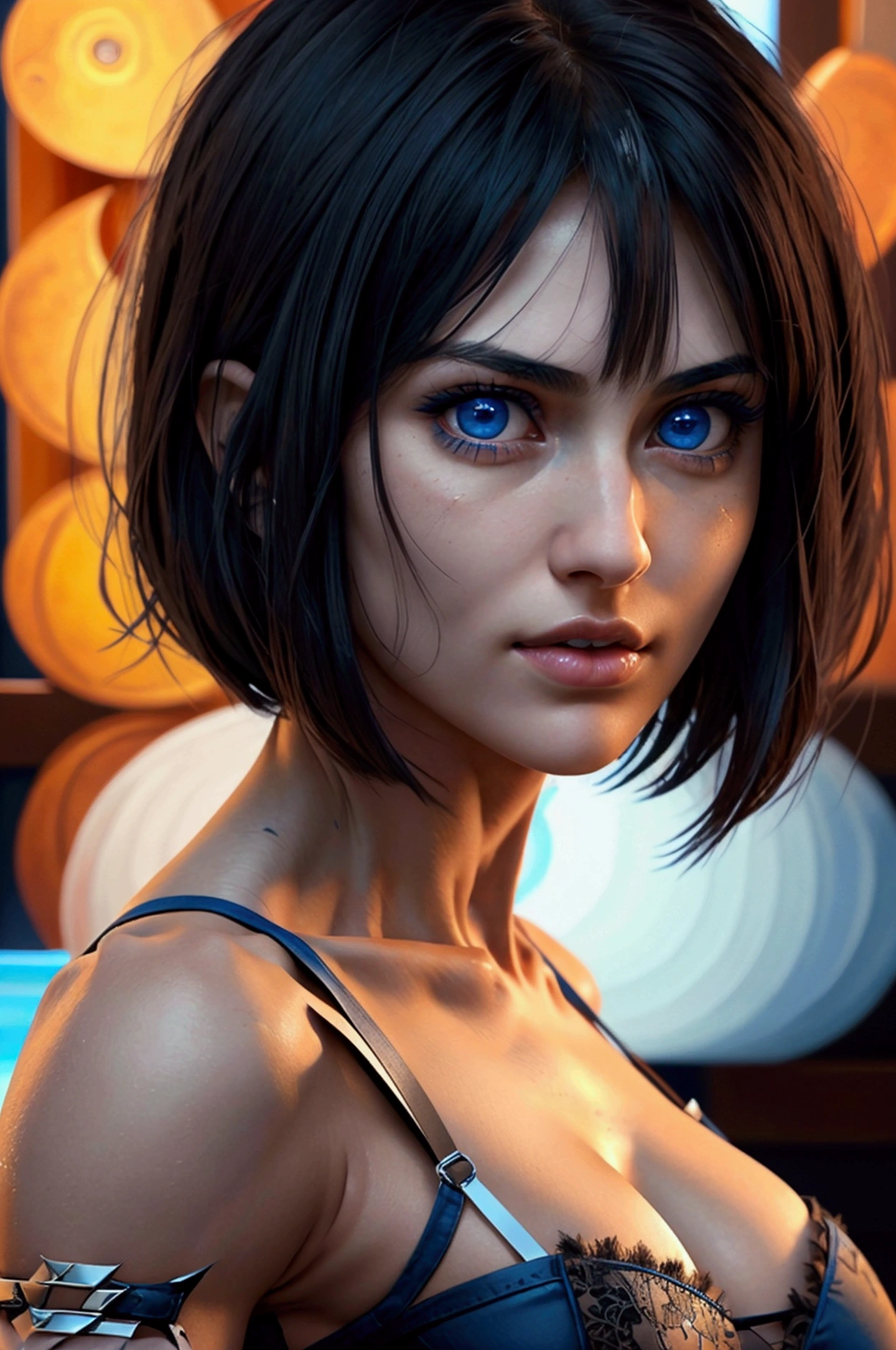 8K, Top Quality, Intricate Details, Ultra Detail, Ultra High Resolution, high-quality, photorealistic image, Masterpiece, random angle, young, attractive, very beautiful mikasa ackerman, with a toned and muscular body. She has a sexy fit and athletic physique, staring with sensual face expressions and a sexy seductive smirk, (Makeup: 0.4), (Fluffy Blue Eyes: 1.21), blue Eyes, ((full body)), 1girl, solo, 1 girl, (( full body)), close-up shot, (((fit body))), (((slim face))), sharp face, sharp eyes, (((black hair, short hair, bangs)), (detailed face), sharp face, small lips, thin lips, ((red scarf, crop top, thigh strap)), detailed face, detailed breasts, large perky breasts, detail, curvy biceps and triceps, with accentuated slender abs: 1.4, Six Pack Abs: 1.4, Bust Botox, Perfect Body, detail leg, (( moonlight)), ocean