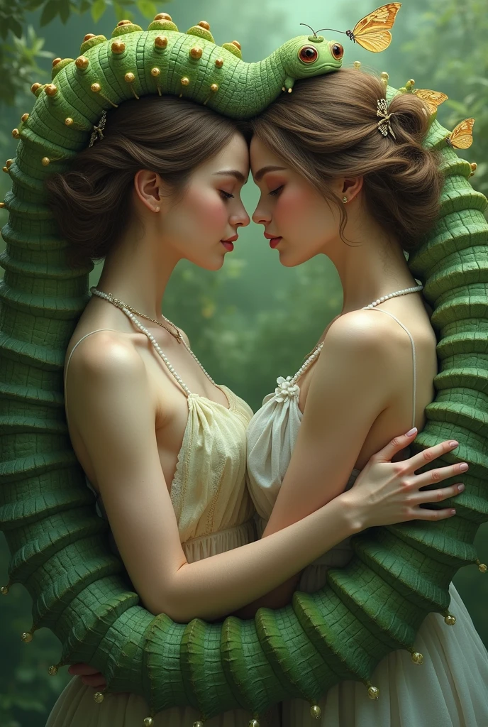 caterpillars lower body and upper body beautiful girls hugging each other