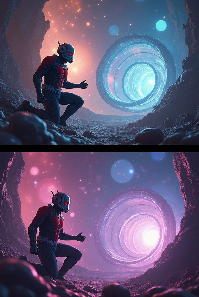 Two images with 3 differences of Antman in the quantum subatomic world