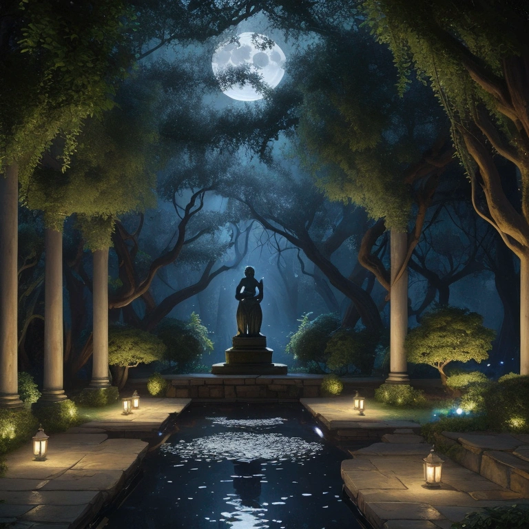 A serene, moonlit garden filled with exotic dark flowers and twisted vines. The sky is a deep indigo, with a full moon casting a soft, silvery light over the scene. Fireflies glow in the air, and a small pond reflects the moonlight. There are ancient stone statues partially covered in ivy, adding a touch of mystique and timelessness. The overall atmosphere is enchanting and peaceful, with a hint of the unknown