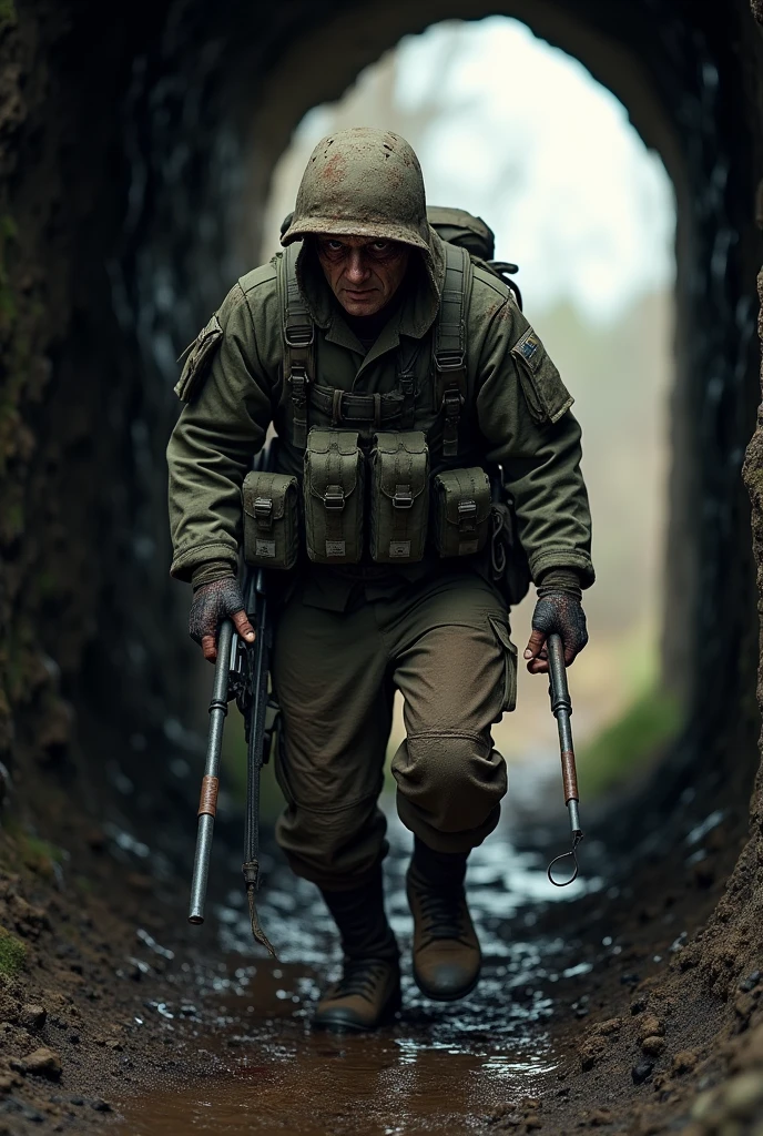 Wounded soldier, exhausted coming out of a tunnel