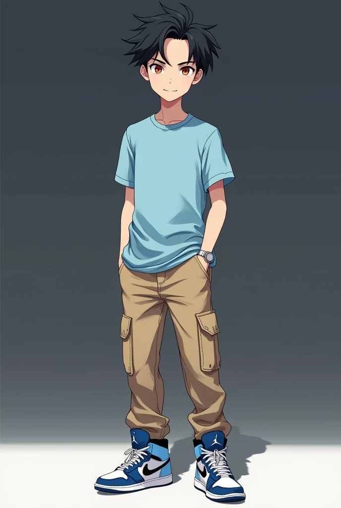 An anime ??? (naruto type) he is wearing a light blue t-shirt, beige cargo pants and blue Air Jordan sneakers, black andwhite, He has white skin and black hair and has a relieved face, he is very handsome 