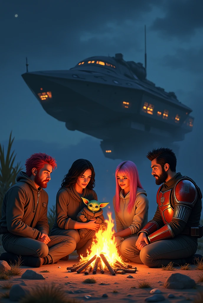 5 persons sitting at a campfire in front of the razor crest. First man has red hair, second man has black hair, first girl has pink hair, second girl has black hair and a man with mandalorian armor that holds baby Yoda