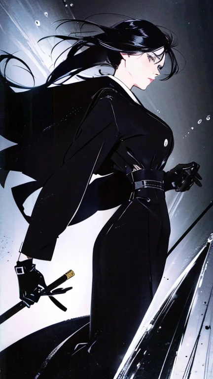 Black Hair、Cold look:1.5、Woman in her 30s、Dark Background、One Cool Lady:1.5、Anxious expression、night、whole photo、Dark Eyes、Black gloves、weak、、Interacting with Machine Lifeforms、Japanese manga style、Have a weapon、school uniform、water