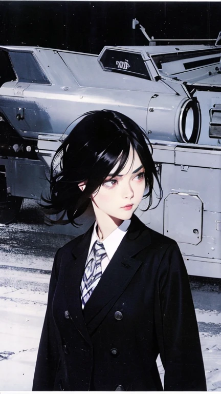 Black Hair、Cold look:1.5、Woman in her 30s、Dark Background、One Cool Lady:1.5、Anxious expression、night、whole photo、Dark Eyes、Black gloves、weak、、Interacting with Machine Lifeforms、Japanese manga style、Have a weapon、school uniform、water