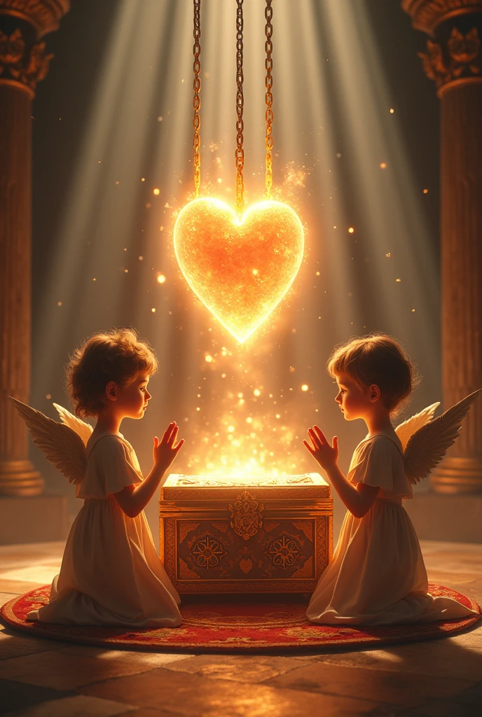 Two children praying around a treasure chest with a human heart of light attached by chains in a bright environment Photo real