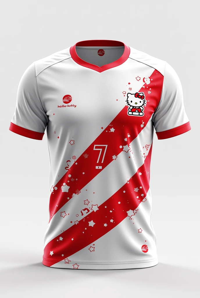  create a WHITE t-shirt with red STRIPE detail S BUT WITH DETAILS OF JAPAN and hello kitty with print for sports games team with design based on Japan with a few details of hello kitty ON THE T-SHIRT, as a detail and with the number 7 - make the front of the shirt and the back do not put any logo - put details that refer to Japan DO NOT PUT A LOGO