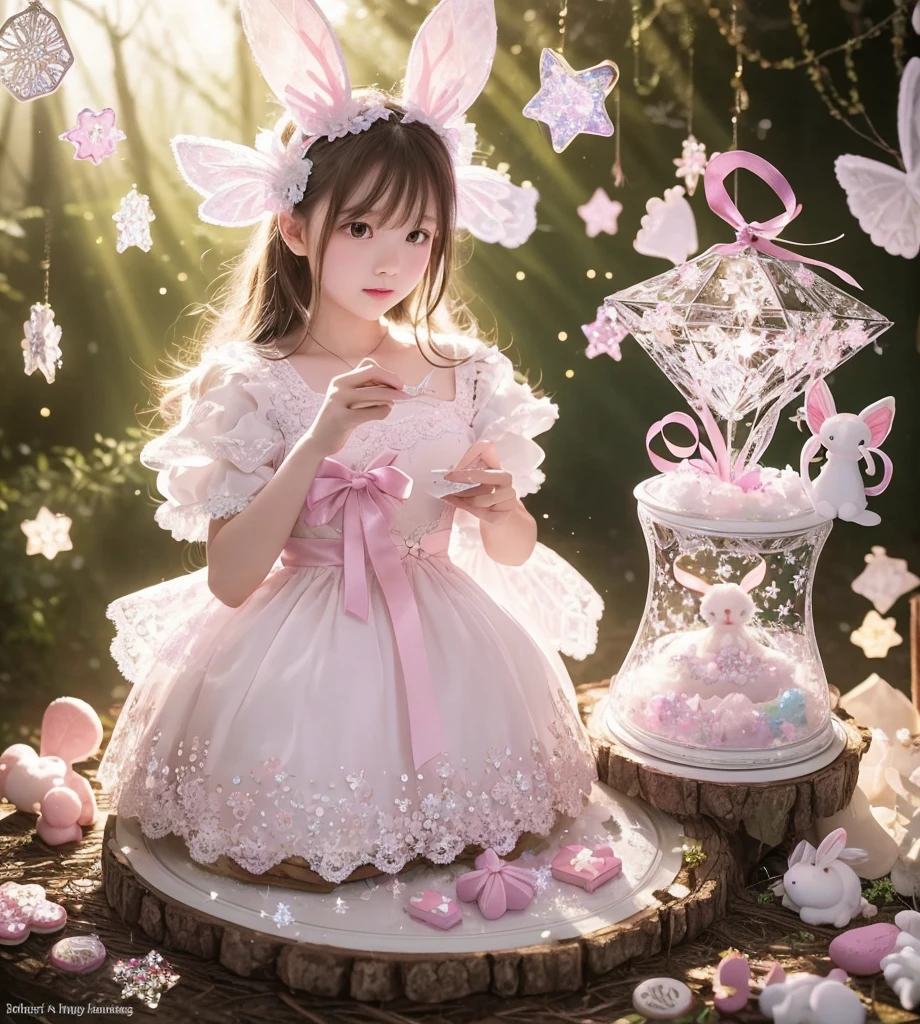 Create gorgeous handmade cookies that fit together like a puzzle in the forest Candy Castle Fairy World chocolate A soft light shines through Delicate lace and ribbon Light color gem lame Photon Mapping High Contrast Diamond particles antique The color is pink and white Cookie Puzzle cute Sparkling Star Fragment Multiple Exposure Fluffy white stuffed rabbit Light background