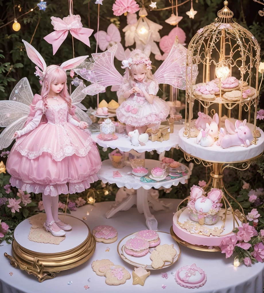 Create gorgeous handmade cookies that fit together like a puzzle　in the forest　Candy Castle　Fairy World　chocolate　A soft light shines through　Delicate lace and ribbon　Light color　gem　lame　Photon Mapping　High Contrast　Diamond particles　antique　The color is pink and white　Cookie Puzzle　cute　Sparkling　Star Fragment　Multiple Exposure　Fluffy white stuffed rabbit　Light background