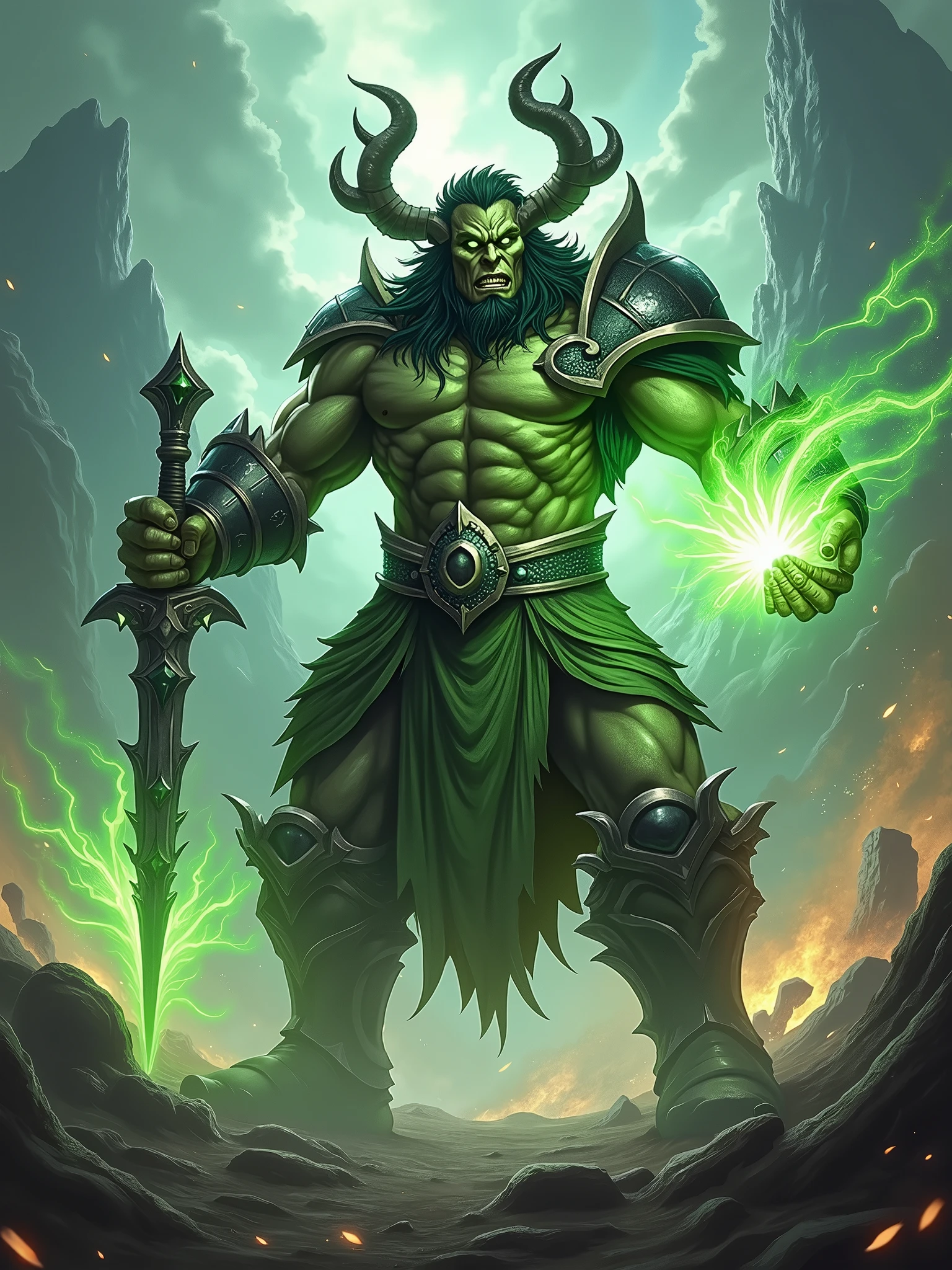 photorealistic of Malfurion Stormrage from World of Warcraft classic in fighting stance hitting his weapon all his ultimate power against his enemies, green pulse and explosion from his weapon, intricate detailed, epic war background, best quality