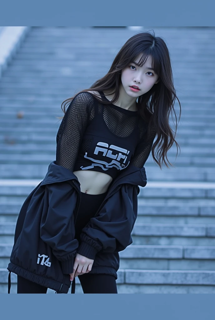 nfsw, masterpiece, Best Quality, hyper Realistic, A mysterious and sophisticated beautiful model, identity hidden, all body shot, with blue eyes wears futuristic and sexy fashion art. 18-years-old, beautiful and sexy Japanese girl is climbing at a wide angle, standing and random posing, with her full body in frame. She has an ultra-slim waist, large firm breasts, a large-sized buttocks, showcasing sculptural beauty. gray arranged hair, light color eyes, Realistic skin, Detailed face, , small head. /// detailed clothes, A sporty and modern outfit featuring a cropped top with a bold logo "AGPI", designed to accentuate the body’s contours. The top is paired with a breathable Rough mesh overlay that adds a stylish, athletic vibe. The cropped length of both tops creates a layered look. Completing the outfit is an oversized jacket that provides a cool and voluminous contrast, balancing the overall appearance and enhancing the active, urban aesthetic., /// small head and face, Detailed wide Duck mouth, half open mouth, perfectly aligned teeth, perfect beautiful wide teeth, light blue eyes, half open eyes, shiny Droopy eyes, looking other, /// She is situated within the interior of a futuristic colony, in the deep night, with mist drifting and steam rising from concrete