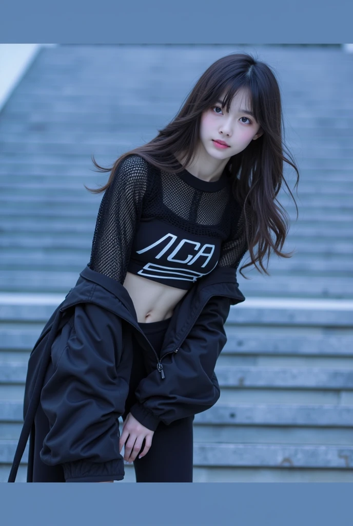nfsw, masterpiece, Best Quality, hyper Realistic, A mysterious and sophisticated beautiful model, identity hidden, all body shot, with blue eyes wears futuristic and sexy fashion art. 18-years-old, beautiful and sexy Japanese girl is climbing at a wide angle, standing and random posing, with her full body in frame. She has an ultra-slim waist, large firm breasts, a large-sized buttocks, showcasing sculptural beauty. gray arranged hair, light color eyes, Realistic skin, Detailed face, , small head. /// detailed clothes, A sporty and modern outfit featuring a cropped top with a bold logo "AGPI", designed to accentuate the body’s contours. The top is paired with a breathable Rough mesh overlay that adds a stylish, athletic vibe. The cropped length of both tops creates a layered look. Completing the outfit is an oversized jacket that provides a cool and voluminous contrast, balancing the overall appearance and enhancing the active, urban aesthetic., /// small head and face, Detailed wide Duck mouth, half open mouth, perfectly aligned teeth, perfect beautiful wide teeth, light blue eyes, half open eyes, shiny Droopy eyes, looking other, /// She is situated within the interior of a futuristic colony, in the deep night, with mist drifting and steam rising from concrete