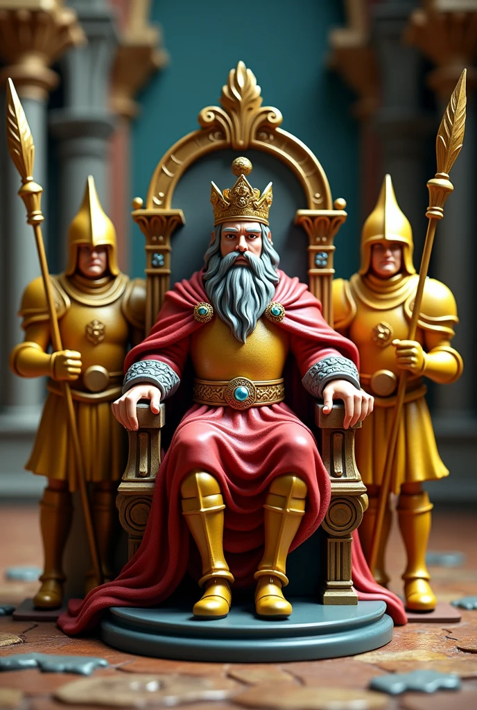 Create board pieces, a king on the throne and 3 yellow soldiers holding a spear 

