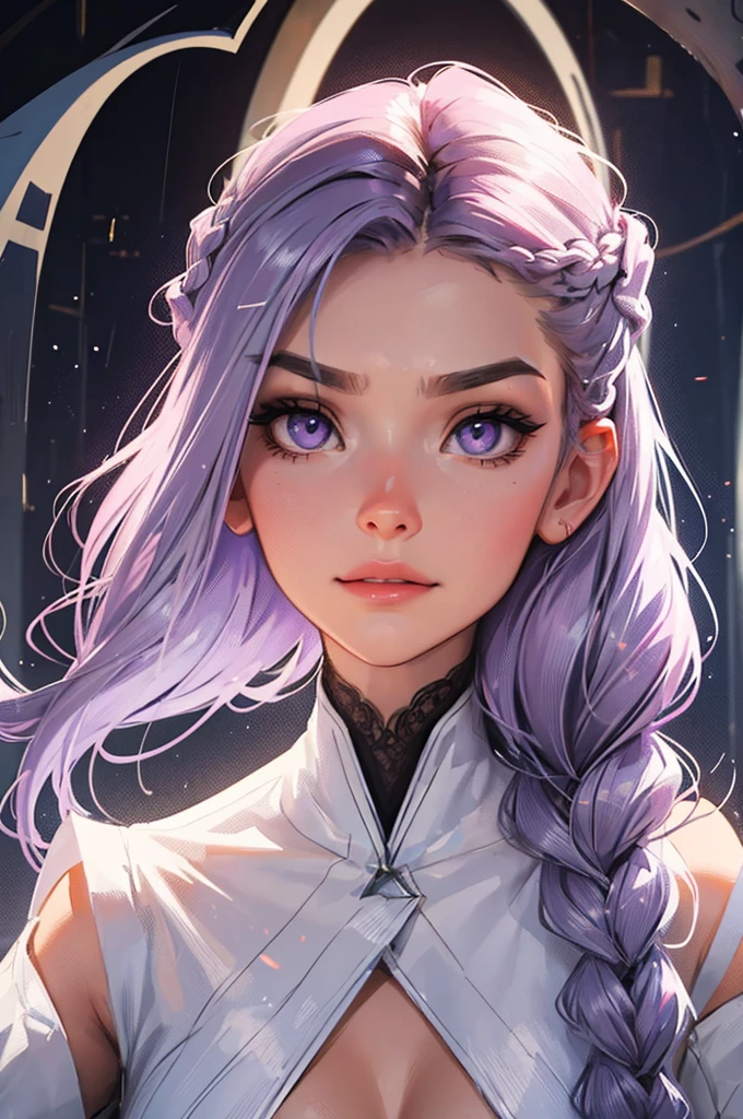 focus in the face and eyes, violet eyes, bege and white clothing, portrait, close-up, female in a underground bunker, Personagem feminina futurista, mechapunk, Lyra has a feline grace. Her hair, a cascade of silver that glinted in the faint starlight, is usually tied back in a braid that fell down her back, contrasting sharply with her olive skin. Her eyes have a vivid shade of violet, flickered with an almost ethereal light, scanning the surroundings. Lyra’s features are delicate yet steely, her full lips often curved into a wry smile that hinted at a sharp wit and a depth of emotion hidden beneath the surface. Lyra silhouette is tall and lithe, with a lean, muscular build that speaks of agility and strength with eyes set deep beneath dark, expressive brows. She has a strong, angular jawline that contrasts with her softer features, hinting at her inner strength and resilience. Her nose is slightly upturned, adding a hint of mischief to her otherwise serious demeanor.