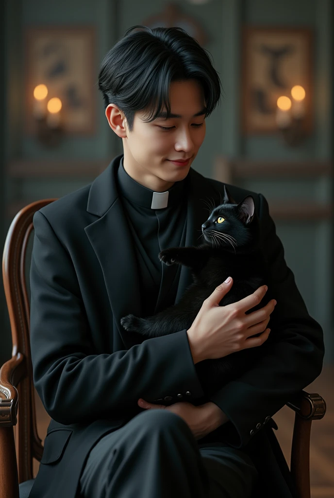Create a realistic photo of a handsome innocent and idol like filipino-korean seminarian holding a black cat for my cover in my novel about a boys love story of a seminarian and vampire.