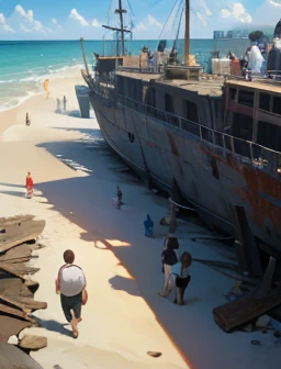 Group of 10 castaways on a beach, walking out of a shipwreck on the shore, 5 in prison garments, 5 in tourist clothes
