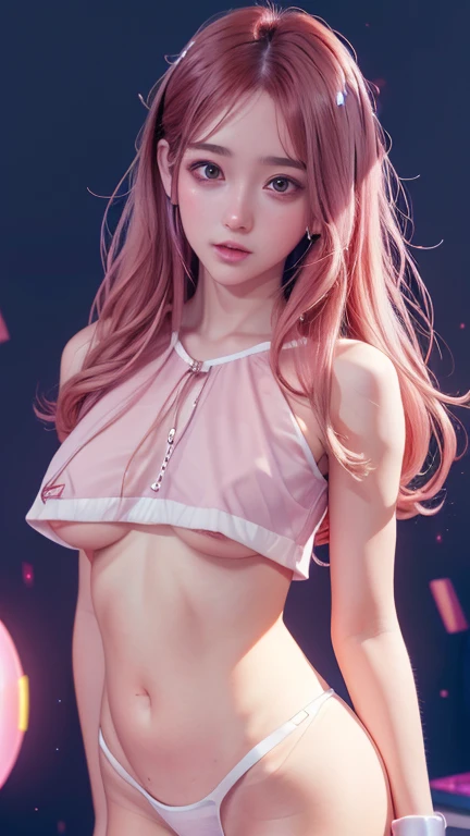  attractive European teen wavy red hair in a clear transparent short cropped top micro G-string thong, naked on top,  realistic art style, 8k high quality detailed art, Beautiful digital artwork, Pink Girl, anime colored, Kawaii realistic ,Beautiful  breasts, Seductive figure, medium long shot ,Upper Body, Dynamic poses ,lighting studio ,Pink gradient background