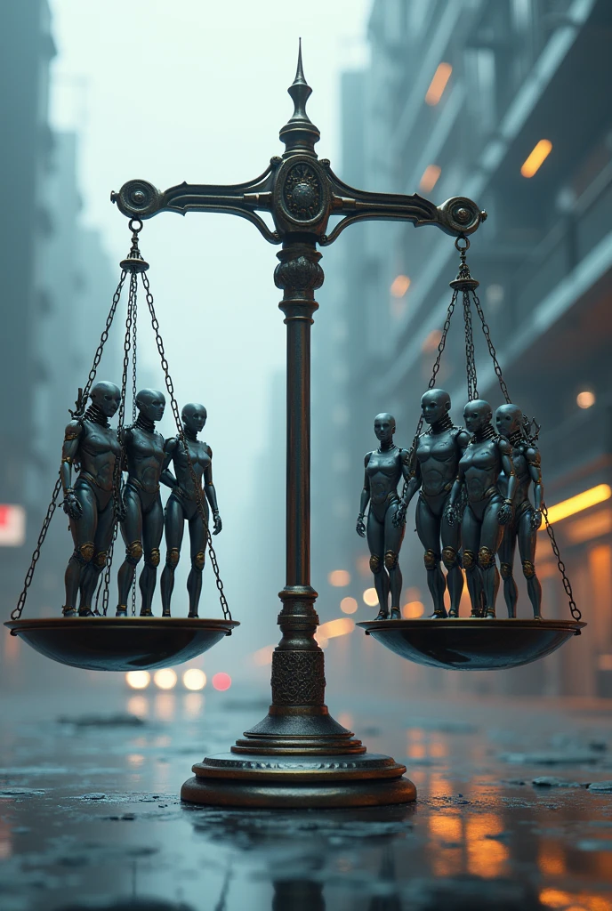 A balanced scale with robots on one side and humans on the other. 8k, hyperrealistic, highly detailed, balanced scale, robots, humans, futuristic, cyberpunk, seamless integration, striking contrast, dramatic lighting, precise engineering, sleek design, advanced technology, thought-provoking, social commentary, cinematic composition, mesmerizing colors, intricate details, masterful rendering