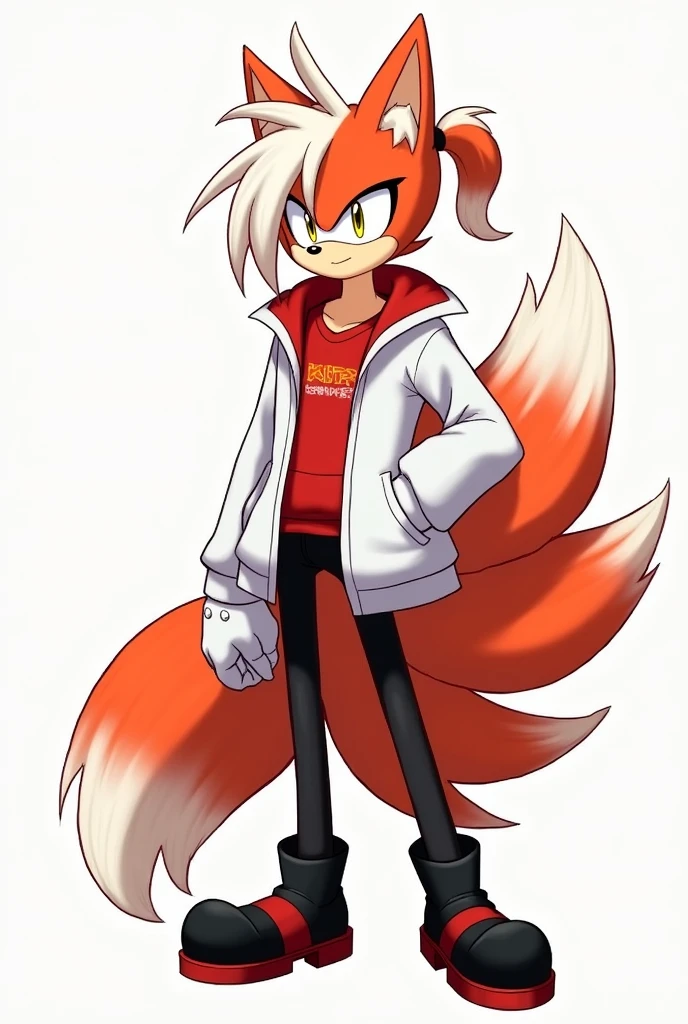 Create an anthropomorphic Sonic-style Kitsune with half white and half red hair, with a ponytail, with hair on the left side of the face, yellow eyes, eyes large, with ears and nine tails,in the form of a Sonic-style character, o nome dele é Kito Kaiiatsubaky, Men's White Windbreaker Jacket with Red Shirt, black pants and men's black boots,with gloves, Personalidade: always cheerful and lively and willing to protect his friends and companions.