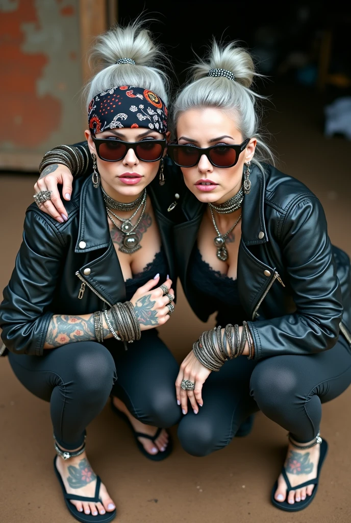 Two russian milf women,  grey hair (bouffant, top bun) and oversized square sunglasses and wide  colourful bandana as headband, with very light green eyes, extremely pale. Big lips.  Aged cropped black moto jacket with side and sleeve zippers. Black lace push up bra, silicone breast,, black yoga pants with holes on knees.  Flip flops. Lots of thick wide studded bracelets, chain collars and big rings,. Additional crossed loose belts,. Long earrings with chains and feathers. Metal pendants. Bracelets in ankles. Squatting with legs apart. Neck, chest, stomach and wrists heavily tattoed. Toned abdominals, thin neck, slim legs and thin forearms. Narrow hips and long legs. Exhausted, craving face, chin up. Seen from above. Dirt street of Kenya full of dirt and garbage bagsshirtless men behind. Hugging each other tight