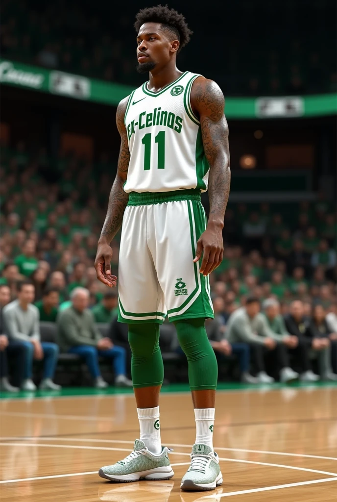 White and green uniform for basketball and in the center it says "Ex-Celinos" 