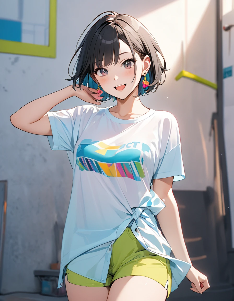 1girl, best quality, beautiful, short hair, 8K, act cool pose, happy, shirt, earrings, perfect body, concept, full color