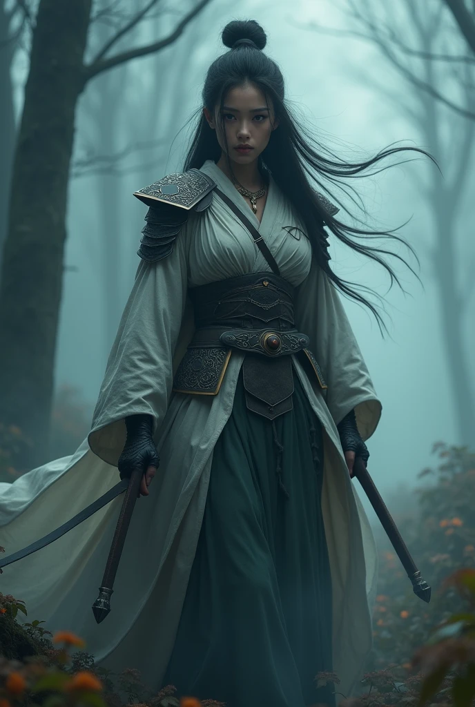 a beautiful female warrior in a misty, foggy environment, highly detailed, cinematic, dramatic lighting, fantasy art, concept art, epic, masterpiece, (best quality,4k,8k,highres,masterpiece:1.2),ultra-detailed,(realistic,photorealistic,photo-realistic:1.37),8k, extremely detailed, hyper realistic, intricate details, cinematic composition, moody atmosphere, dramatic lighting, misty forest, magical, epic fantasy, powerful female warrior, detailed armor, elegant kimono, flowing hair, determined expression, piercing gaze, graceful pose, magical energy emanating, foggy, atmospheric, dramatic