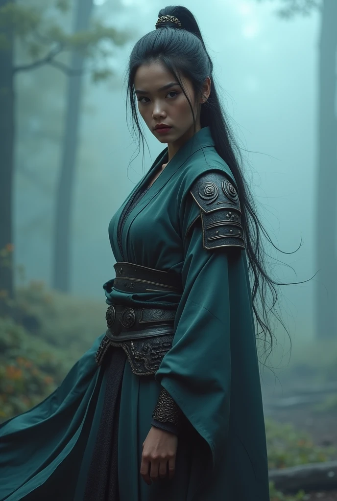 a beautiful female warrior in a misty, foggy environment, highly detailed, cinematic, dramatic lighting, fantasy art, concept art, epic, masterpiece, (best quality,4k,8k,highres,masterpiece:1.2),ultra-detailed,(realistic,photorealistic,photo-realistic:1.37),8k, extremely detailed, hyper realistic, intricate details, cinematic composition, moody atmosphere, dramatic lighting, misty forest, magical, epic fantasy, powerful female warrior, detailed armor, elegant kimono, flowing hair, determined expression, piercing gaze, graceful pose, magical energy emanating, foggy, atmospheric, dramatic