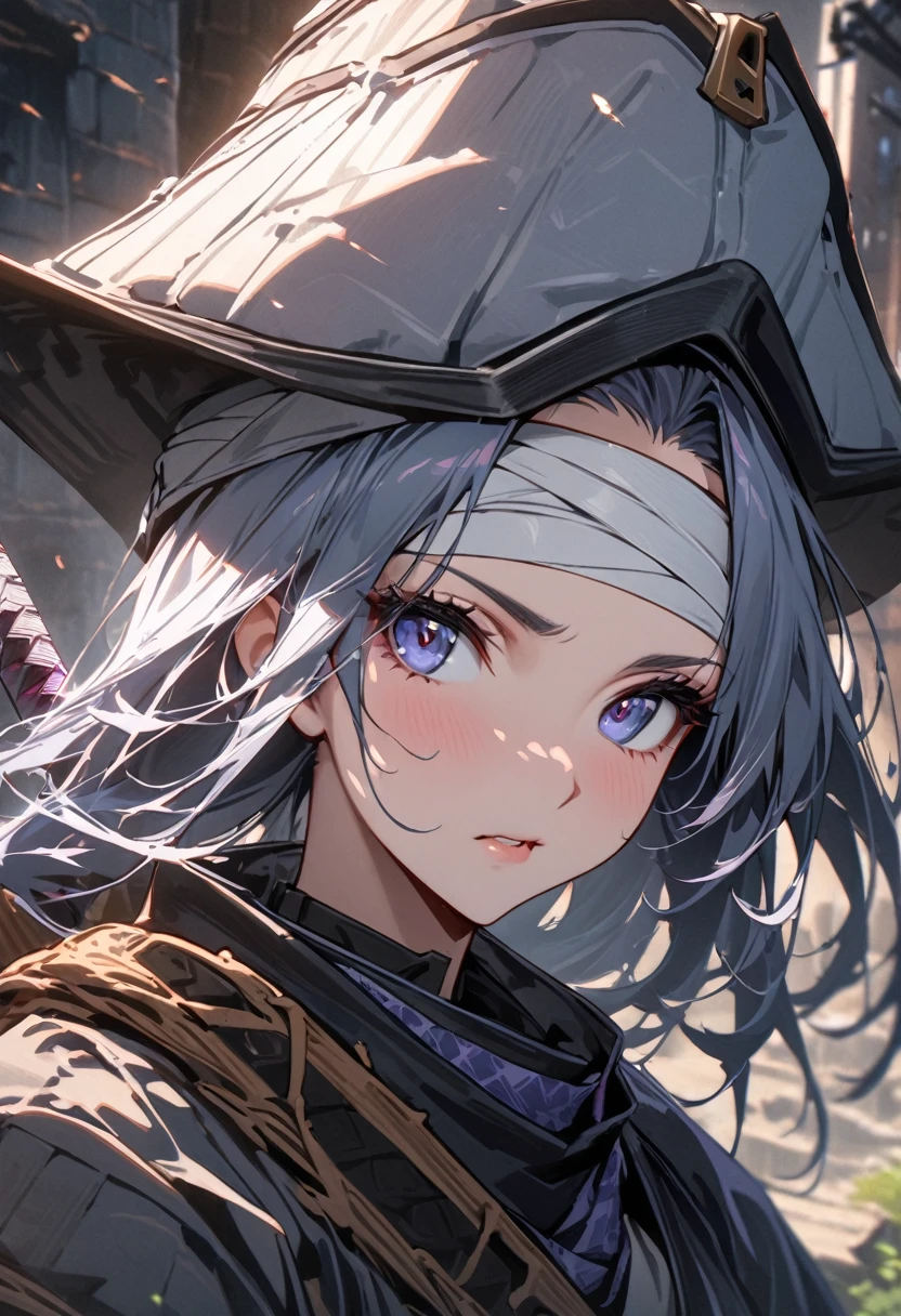 Ninja girl anime from feudal Japan, Super beautiful, (((forehead bandaged))), ((( feudal hat))), ((Masterpiece:1.2)), ((Highest quality)), (((Upper body covered))),close up, Carrying the sword of Katana, urban samurai, Anthem game inspiration, epic picture, Era, Inspired by ESAO, Amazing screensaver, blade of grass, Soft shade, Ian Callum •, love of wisdom, clean graphic design, exit: Jansen River, Great character