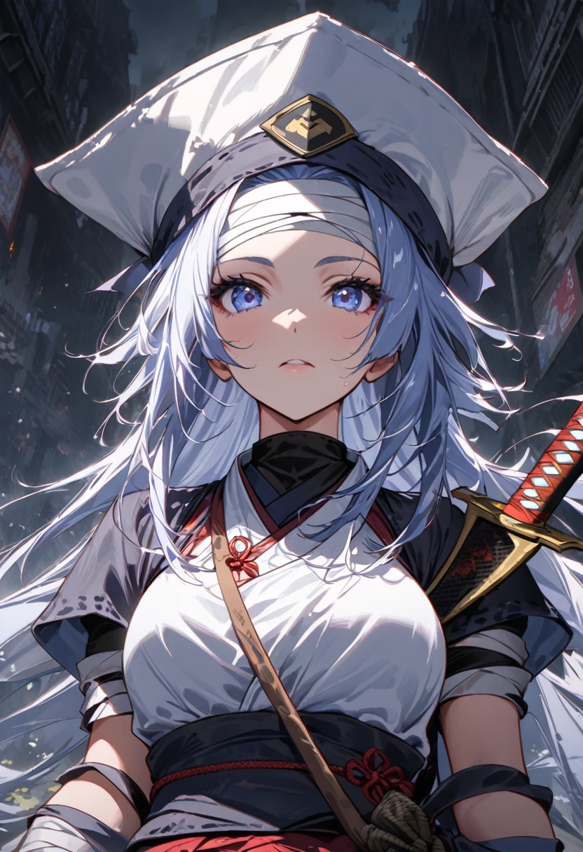Ninja girl anime from feudal Japan, Super beautiful, (((forehead bandaged))), ((( feudal hat))), ((Masterpiece:1.2)), ((Highest quality)), (((Upper body covered))),close up, Carrying the sword of Katana, urban samurai, Anthem game inspiration, epic picture, Era, Inspired by ESAO, Amazing screensaver, nest blade,