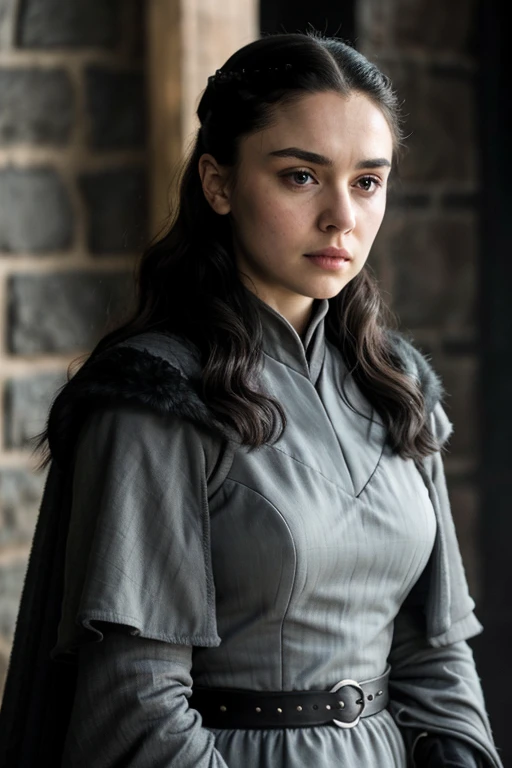 Layde stark game of thrones, black hair and gray eyes wearing a gray dress with a black cape and an apprehensive expression 
