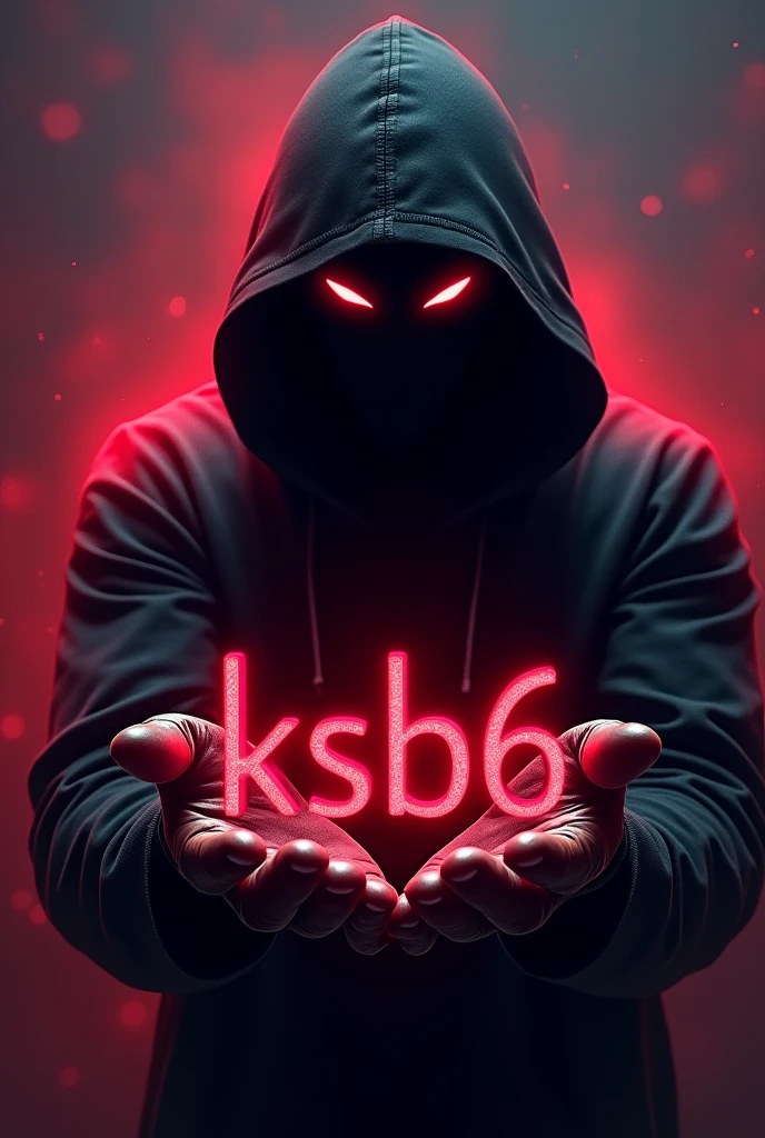 Create a hooded guy with crimson red eyes without a face, holding the name in the palm of your hand "KSB6" make it in crimson red and bold colors , try to make it look like a gaming logo , try to improve the letter shapes