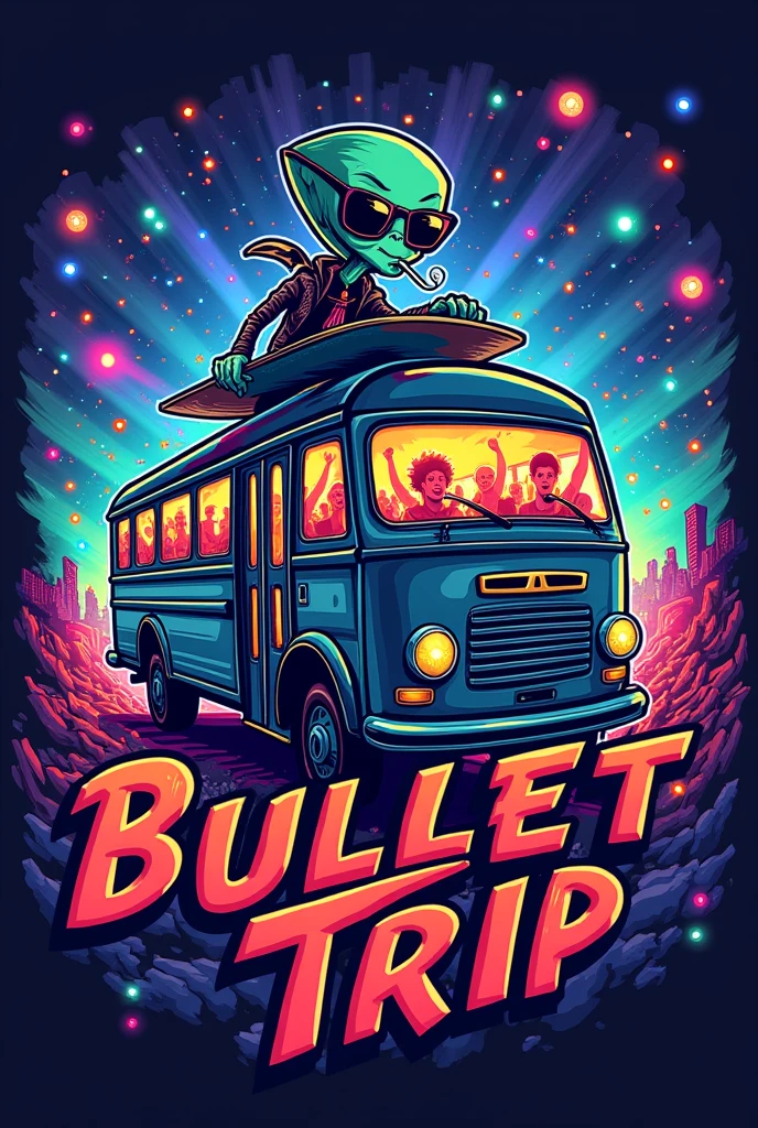 Make a logo with the name Bullet trip, The image has to have an alien with a lit cigarette, he will be wearing sunglasses and surfing on a bus and this bus is crowded and there is a party going on inside with a DJ on board., the logo must have features reminiscent of rave parties.