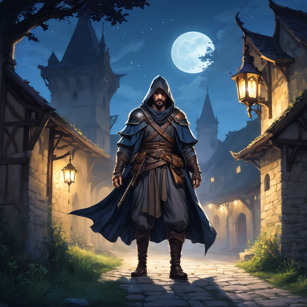 Medieval Europe,at night,An assassin in night clothes,Lurking behind a noble man。Mid-ground composition,Game illustration style,Magic style,Suitable for card illustrations。