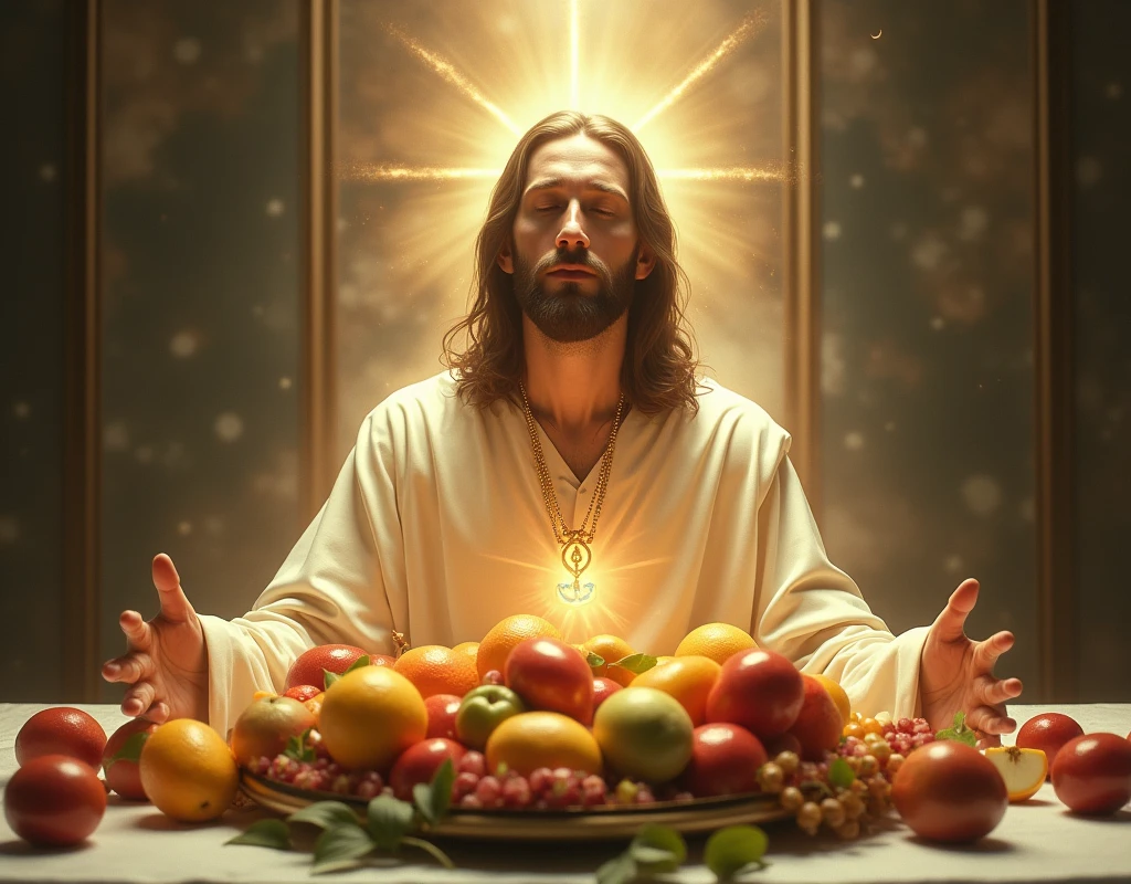 We get such an image. Should be the one of Jesus in which Jesus' mote Ho gye ho and he is sitting on a dining table and fruits are kept on the dining table.