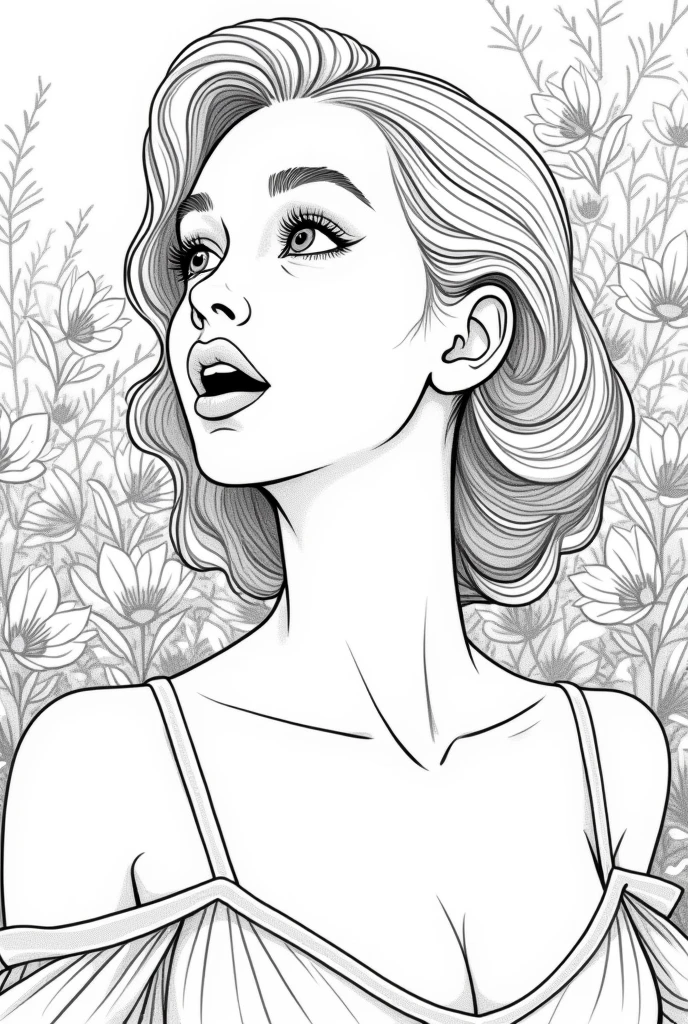 masterpiece, Line art of a female character, Florence Pugh surprised expression, detailed country garden background, Art Deco designs,, style by double exposure, No shading, coloring page, blank space, without shadow,