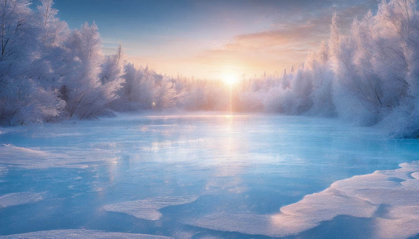 Frozen lake, morning dawn, severe frost, frost, snowing, 4k, high resolution, high detail, random angle, hyperrealism, 300mm, f/10.0, 1/1600ms, HDR