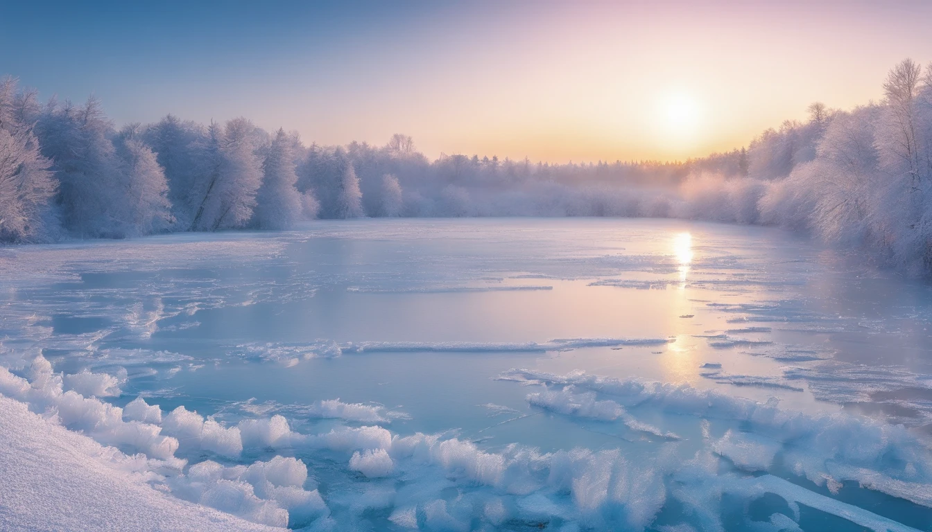 Frozen lake, morning dawn, severe frost, frost, snowing, 4k, high resolution, high detail, random angle, hyperrealism, 300mm, f/10.0, 1/1600ms, HDR