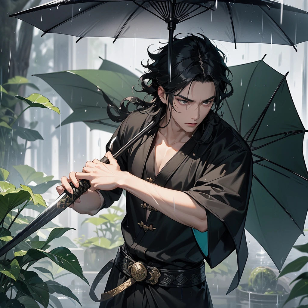 A Handsome black-hair male holding a large sword in black-white ancient chinese costume, close up.

Stand holding an umbrella to protect from the rain. Rain fell and splashed around. There are water droplets falling on the leaves in the surrounding area, green and moist, the atmosphere after rain.